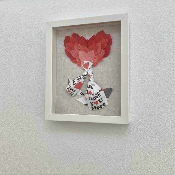 NEW Handmade Origami Koi Fish Love Ombré Heart Wooden Linen Shadow Box 9x11 inch - Picture 3 of 8